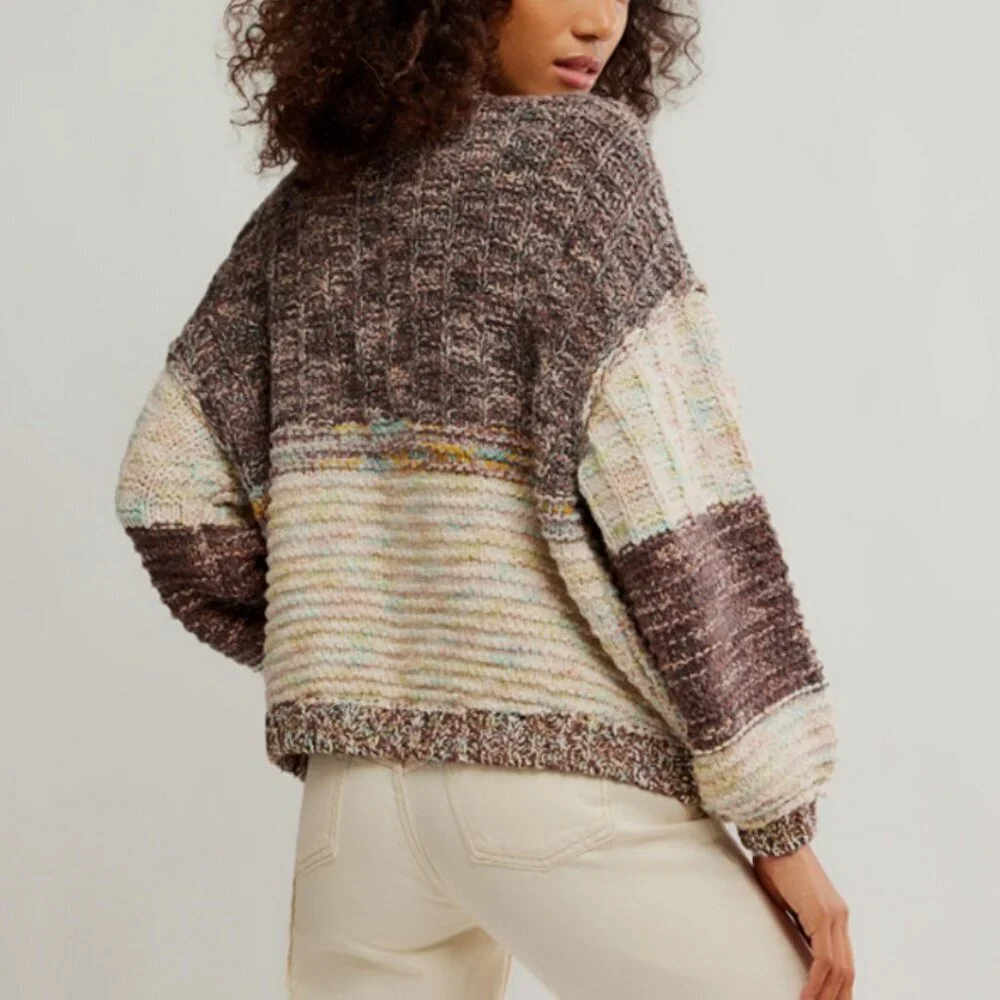 Free People Isabella Cardigan Chunky Knit Slouchy Brown Cream Patchwork M